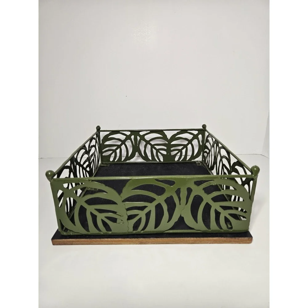 Leaf Metal Planter Set 2 Tropical Monstera Decorative Baskets Green Bronze Tray